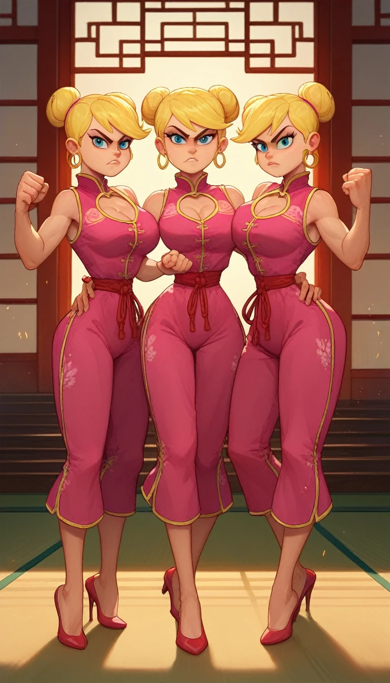 lola loud, 3girl, trio, 24yo girl, large breasts, pink cheongsam,  inside of a chinese temple, looking at viewer, blonde hair, two hair buns , hands  score_9, score_8_up, score_7_up, high heels, teep fighting stance,martial arts, triplets,  chest windows