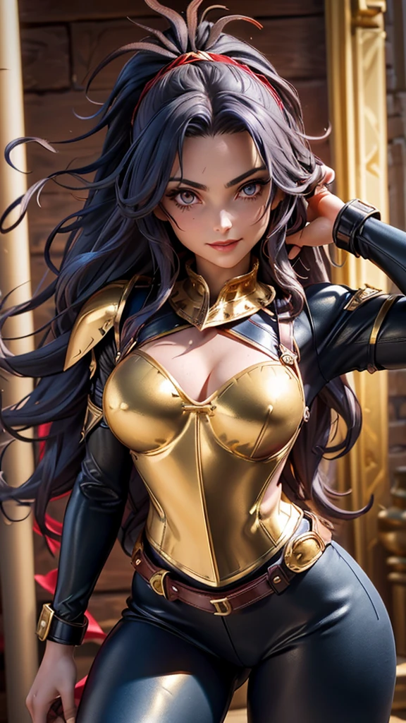 (masterpiece, best quality),1girl with long purple-black hair standing on the edge of a sky scraper, swedish face with sharp features, warm lighting, glowing purple eyes, golden-tan skin,detailed-beautiful eyes,gothic fantasy armour, purple make-up