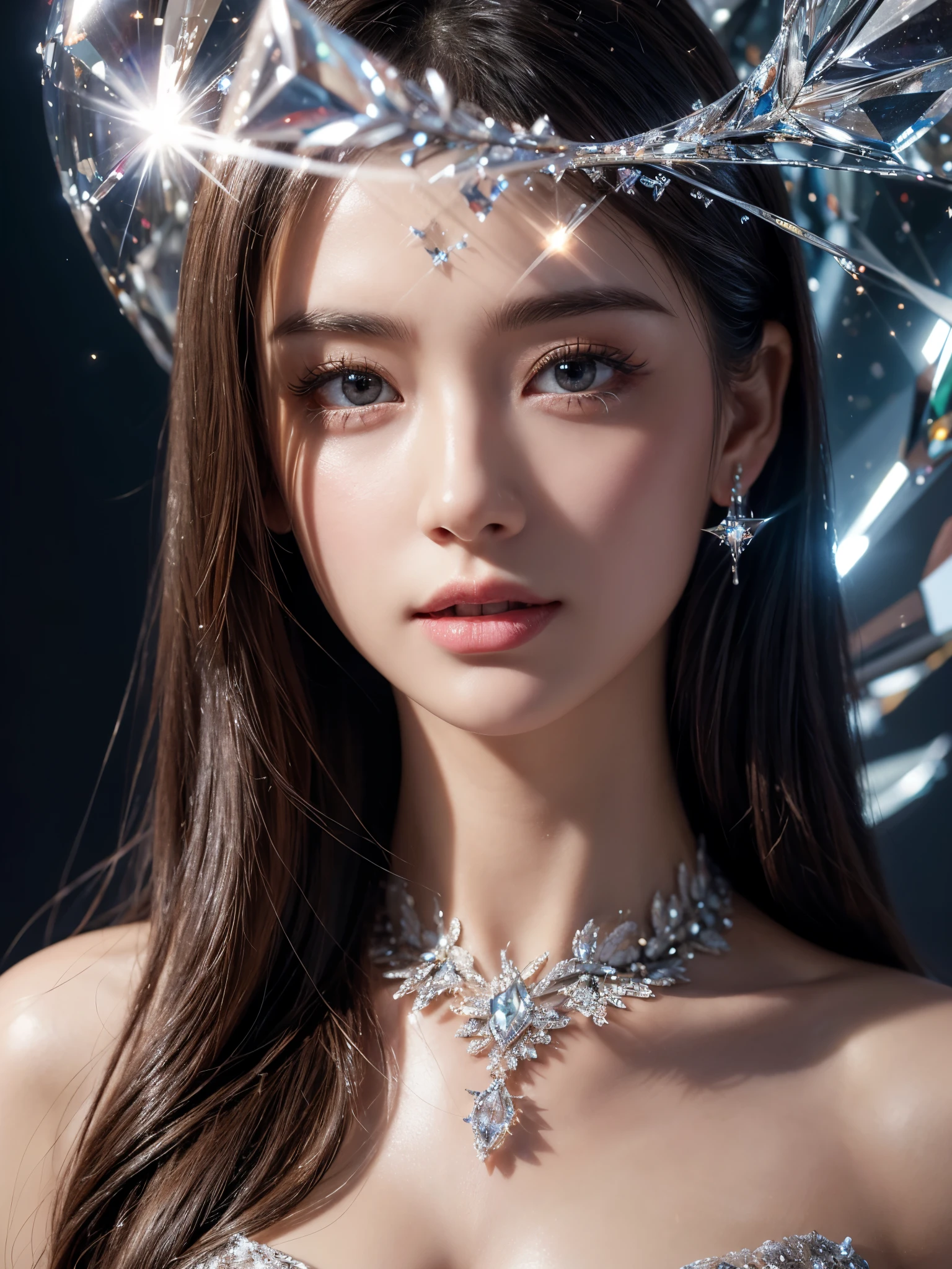 (Sillamäe:1.5), close up, masterpiece, best quality, raw photo, photorealistic, face, incredibly absurdres, hyper realistic photo of a beautiful girl (Thai Mix), seductive smile, cute, long hair, depth of field, highres, ultra-detailed, finely detail, extremely detailed, extremely detailed eyes and face, sharp pupils, realistic pupils, sharp focus, cinematic lighting, crystal Glass Fairy Armor,