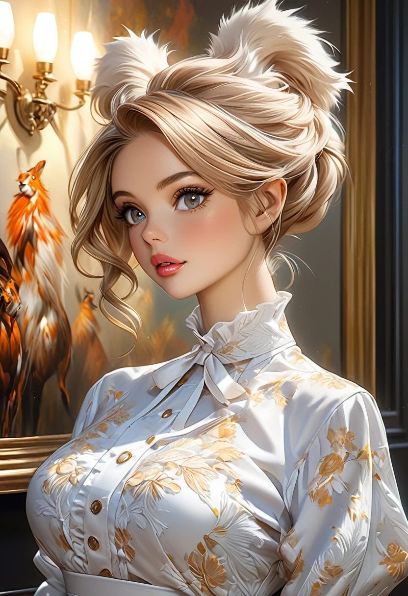 A Beautiful Women In A furry blouse furry skirt. Plush Lips. Large Doe Eyes. G-Cup. The Medium Used To Depict This Artwork Is Oil Painting, Ensuring A High-Quality And Detailed Result. The Painting Style Is Realistic And Photorealistic, With Vivid Colors And Sharp Focus. The Overall Lighting Is Well-Balanced, Illuminating The Scene Beautifully. Classy sophisticated, fashionable, posh, modern high society women.
