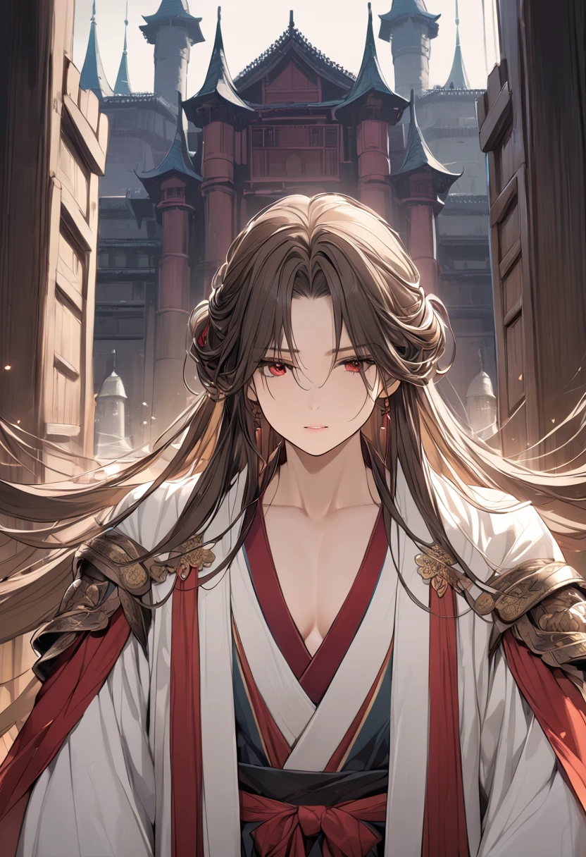 masterpiece,  top quality ,  detailed eyes,  1 man ,  good-looking, Tall, right,   brown hair  ,  long hair in the castle,  red eyes, Half updo,  matted hair , Oriental, Hanfu,  transparent background , artist:refined,  extremely delicate and beautiful, masterpiece,very small head, very small face, provocative gaze ,  shining eyes  ,  hair above the eyes ,  pale skin, A tall, muscular man,  broad shoulder ,  multiple layers of old-fashioned costumes, Court costume , fallal