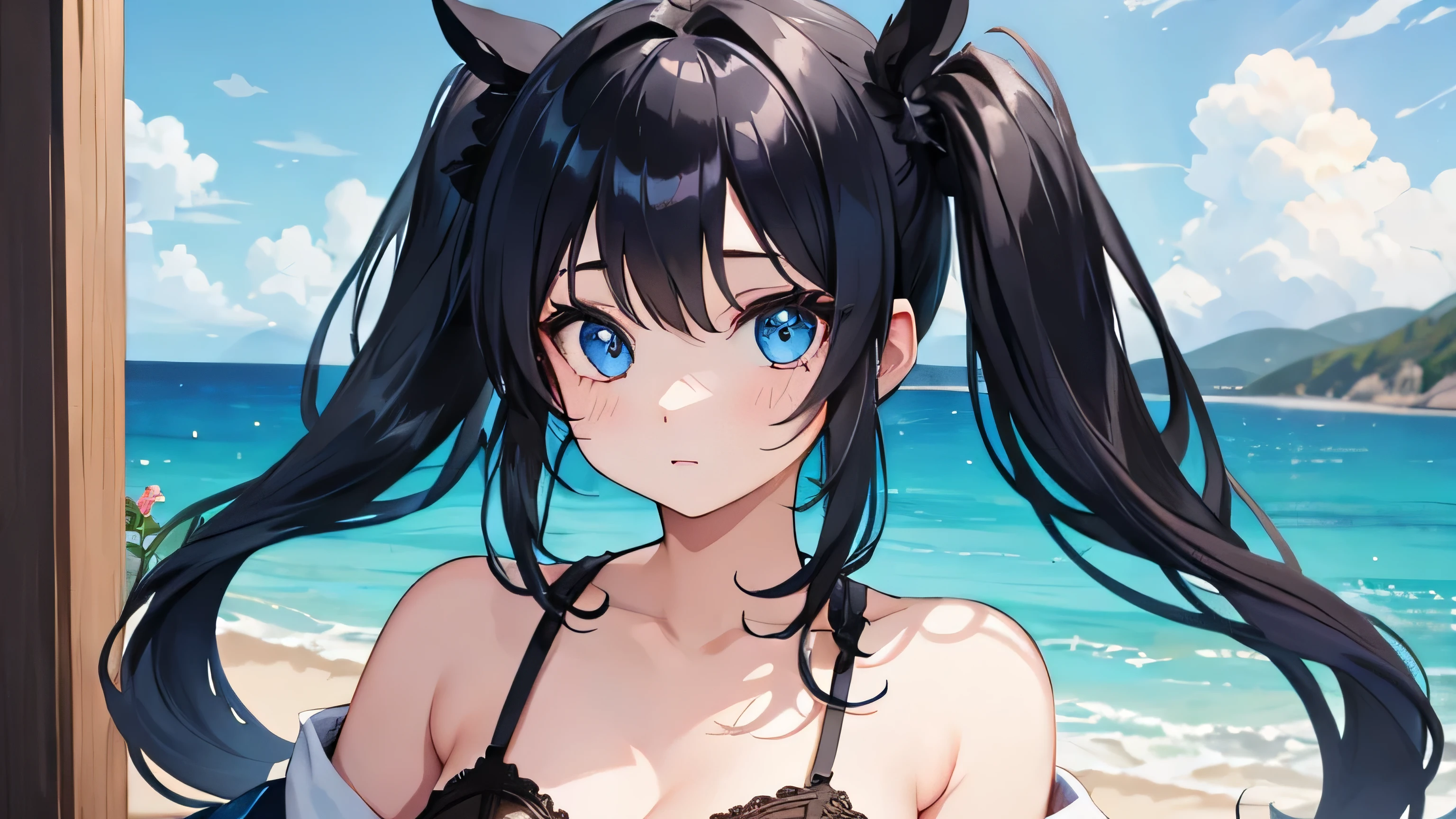 ((masterpiece、4K、8k、Highest quality: 1.Perfect Fingers: 1.Perfect Anatomy: 1.3、Background Blur))、((Ultra-precise expression))、((White frills、Cute black bikini、Maid's headband))、((、thin、Small face、Dog Ears、Super Beauty、Straight Long Hair))、Beautiful Eyes:1.1、smile、(Posing with hands on hips)、blue sky、mansion by the sea、Poolside、White sand beach、Grass、Large Breasts