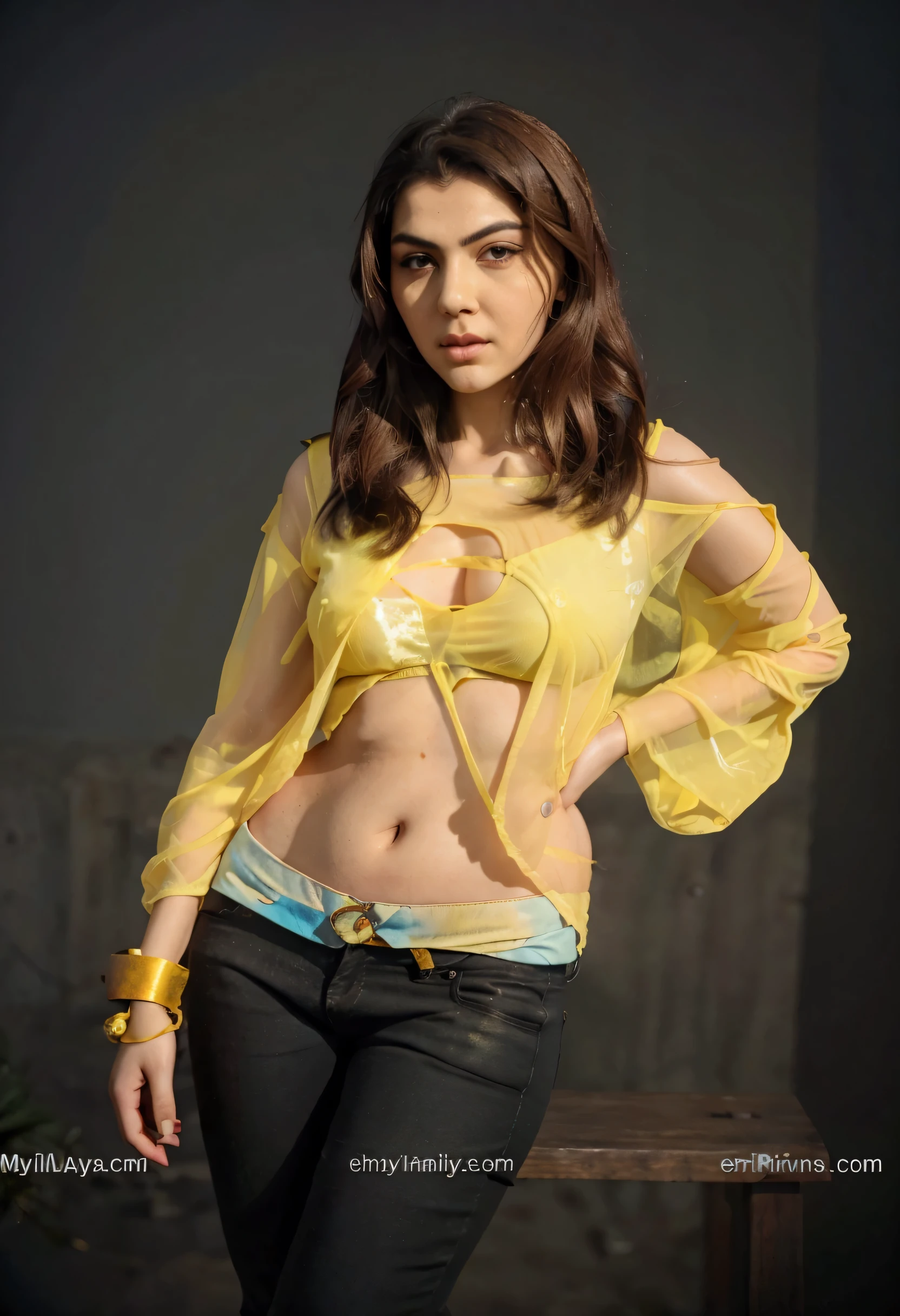 a close up of valentina nappi in a yellow shirt and jeans, wearing yellow croptop, stuning, navel, promotional movie still, full body shoot, maya ali as a lightning mage, wearing crop top, maya ali wind sorcerer, movie still promotion, maya ali sorcerer, indian super model, maya ali sorceress, movie stills