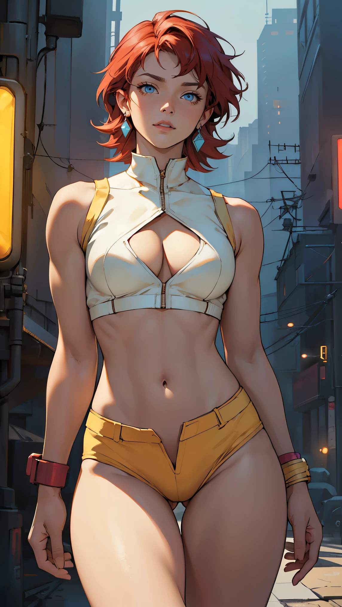 ((Masterpiece, highest quality; 1.3)), super quality, beautiful detail, super detailed, extra fine, 16K, exquisite, absurd, high resolution, beautiful background, detailed background, beautiful eyes, beautiful skin, anime style, dirtypairyuri, Dirty Pair Yuri in a skimpy white outfit, (short red hair), blue eyes, earrings, pale yellow uniform, bandana, pale yellow crop top, cutout, sleeveless, wearing tight clothing, skimpy, (breasts: 1.2), cleavage, cleavage, , obliques, fit arms, slim waist, ((wide hips)), fit thighs, (thigh gap), showing stomach, (skinny frame), wide hips, cyberpunk city background, holding a retro space gun