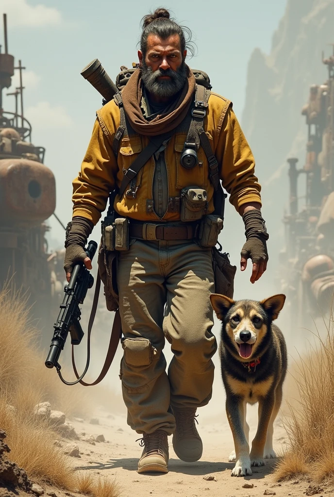  picture of a man with a gun and dog , Late Afterlife Marauders , Post-apocalyptic explorer,   senior concept artist  , Post-apocalyptic,  Interesting Character Designs , RPG Character Art ,  highly detailed character design ,  Amazing Character Design , Post-apocalyptic style,  RPG character concept art ,  video game character art , Cowboys of the End of Life ,  video game character concept、fall out、 Terada Katsuya's Style