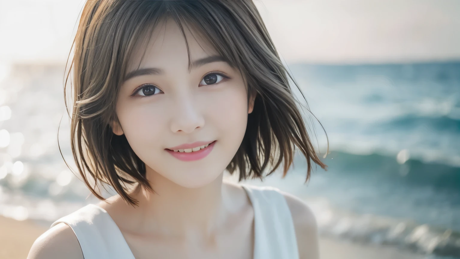 (highest quality,masterpiece:1.3,ultra high resolution),(Super detailed,caustics,8K),(realistic:1.4,RAW shooting),[roller:Shiita Keai:0.5],Japanese,28 years old,cute,(Looking at camera with a smile),(Black hair fluttering in the wind:1.1),short hair,natural makeup,(big ),white blouse,(bust up shot),The sea sparkles reflecting the sunlight,warm light,Natural light,professional writing