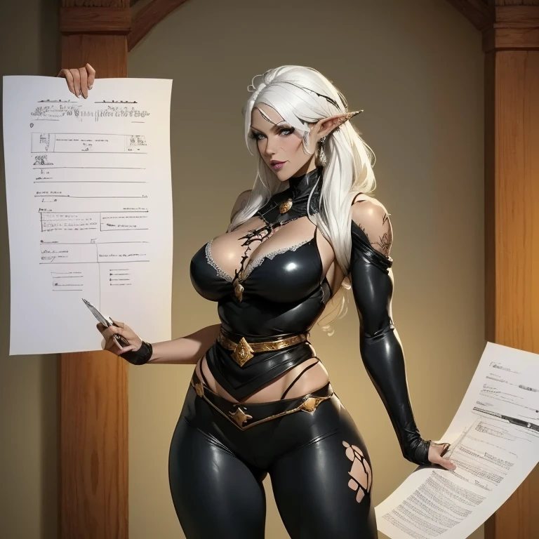 1 ******,  RPG character ,  A highly detailed ,  best quality , RPG style,  conceptual art , character sheet, Beautiful Drow girl, Black Elf,  medieval black tunic, leggings pretas, white hair,  roll of paper , parchment, , scars, piercings, thin and tall, score_9, score_8_above, score_7_above