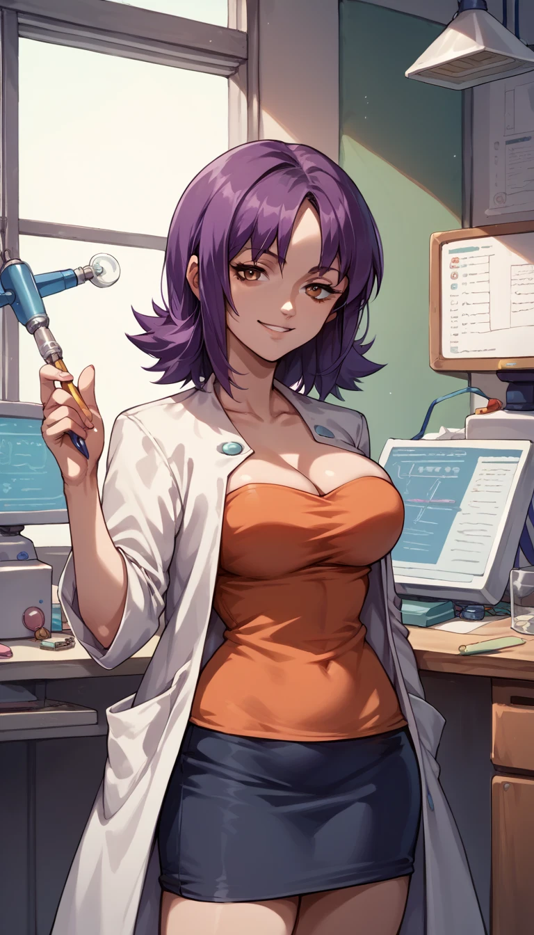 score_9, score_8_up, score_7_up, score_6_up, source_anime, BREAK 1girl, solo, profivy, purple hair, labcoat, orange shirt, cleavage, strapless, pencil skirt, laboratory, indoors, looking at you, microscope,  (big breasts:0.7), smile