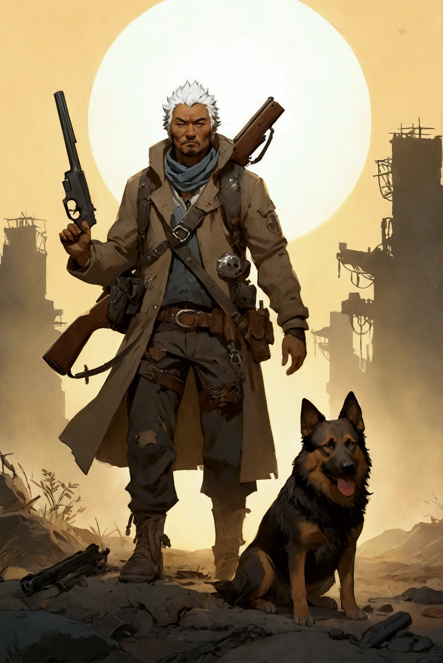  picture of a man with a gun and dog , Late Afterlife Marauders , Post-apocalyptic explorer,   senior concept artist  , Post-apocalyptic,  Interesting Character Designs , RPG Character Art ,  highly detailed character design ,  Amazing Character Design , Post-apocalyptic style,  RPG character concept art ,  video game character art , Cowboys of the End of Life ,  video game character concept、fall out、 Terada Katsuya's Style