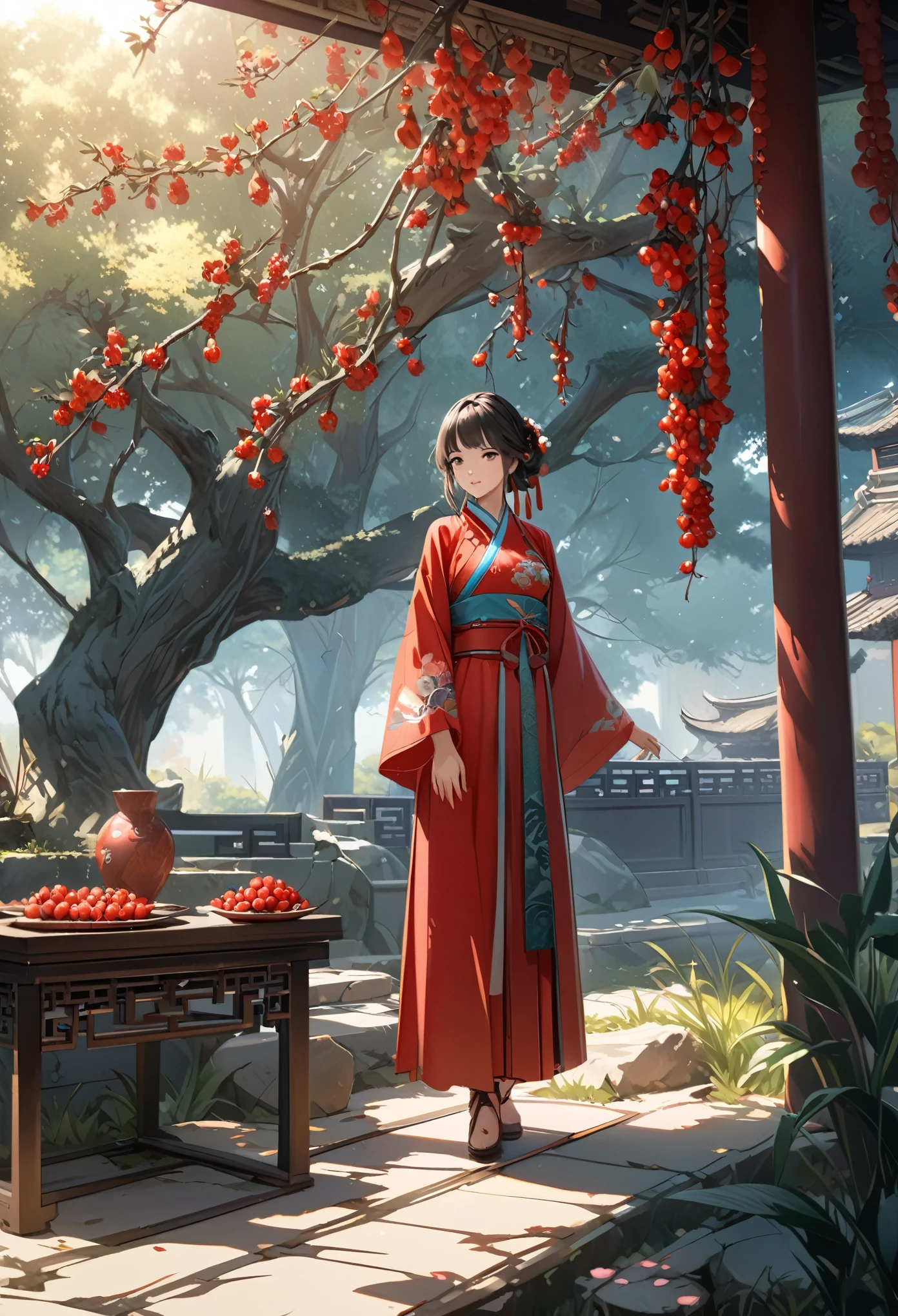 masterpiece,  super detail,  High Quality ,  very detailed, 8k wallpaper, One person girl,  ancient Chinese clothing , full body,  Sunshine, Beautiful Skin, natural clean background , Wolfberry flower ,   next to a jujube tree  ,   detailed illustration art, 