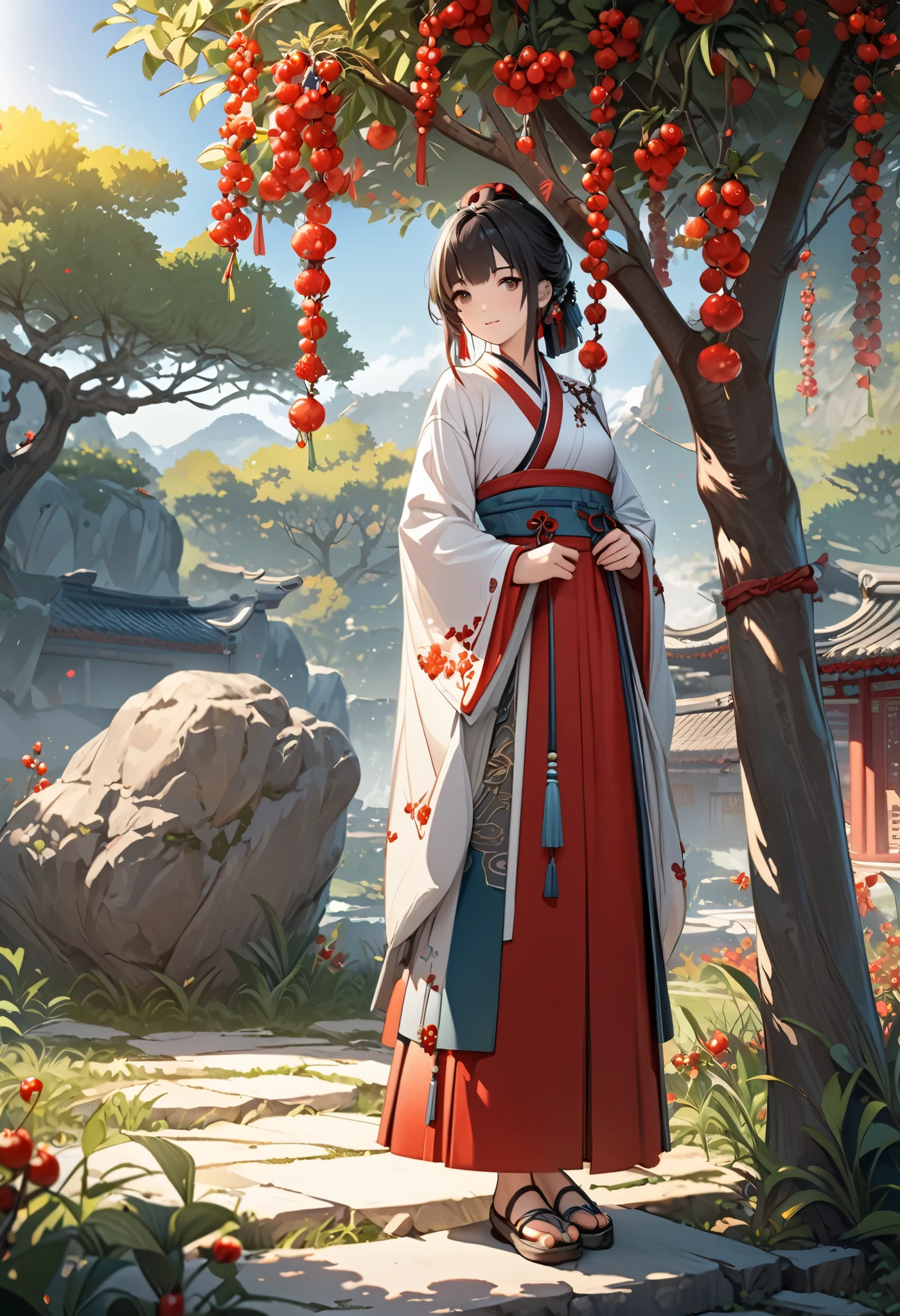 masterpiece,  super detail,  High Quality ,  very detailed, 8k wallpaper, One person girl,  ancient Chinese clothing , full body,  Sunshine, Beautiful Skin, natural clean background , Wolfberry flower ,   next to a jujube tree  ,   detailed illustration art, 