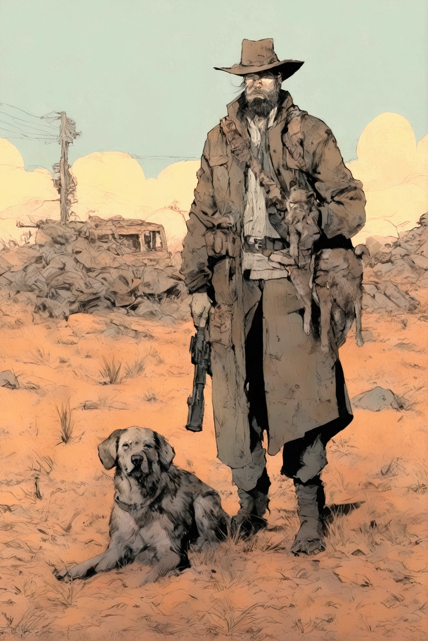  picture of a man with a gun and dog , Late Afterlife Marauders , Post-apocalyptic explorer,   senior concept artist  , Post-apocalyptic,  Interesting Character Designs , RPG Character Art ,  highly detailed character design ,  Amazing Character Design , Post-apocalyptic style,  RPG character concept art ,  video game character art , Cowboys of the End of Life ,  video game character concept、fall out、 Terada Katsuya's Style