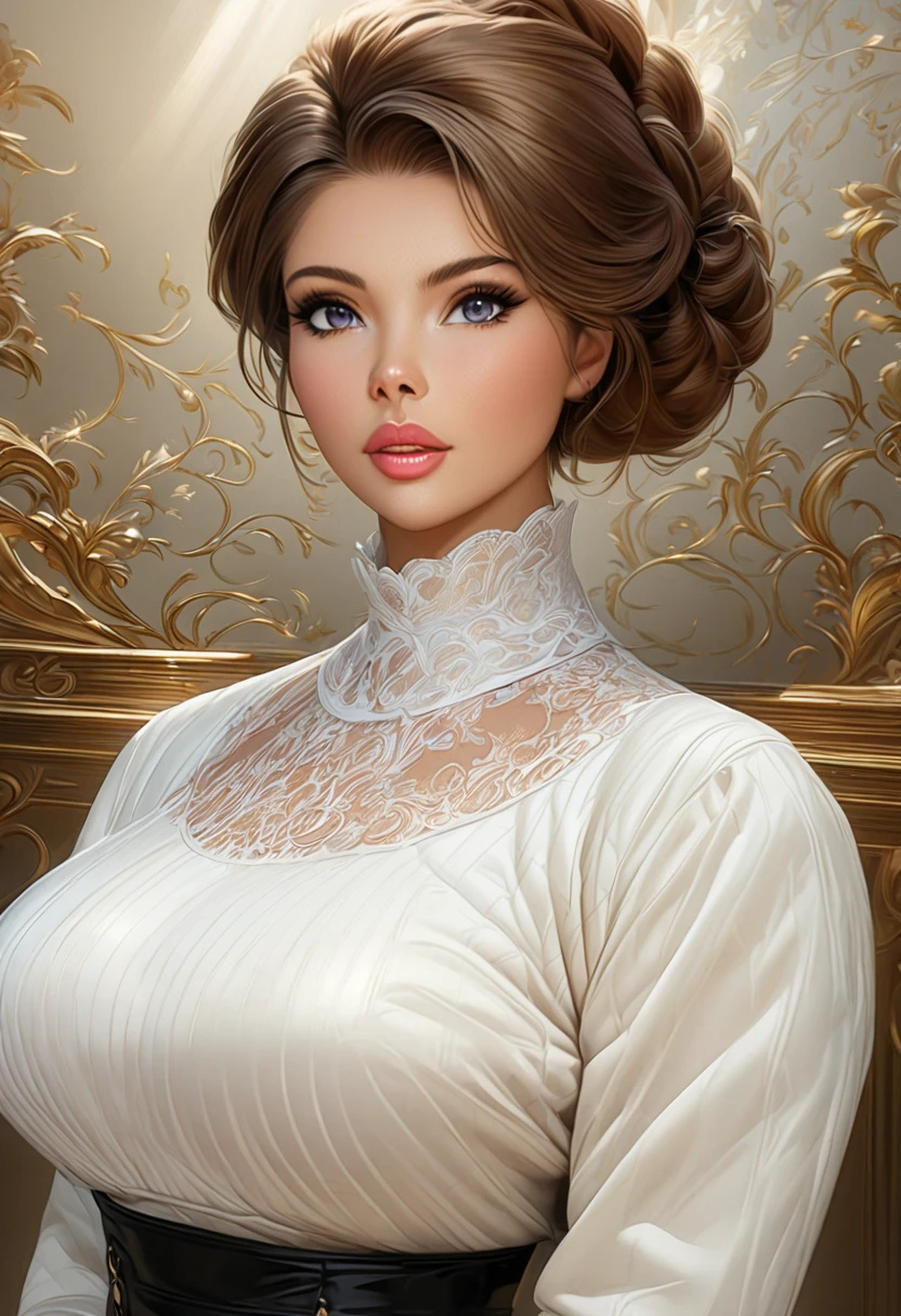 A Beautiful Women In A furry blouse furry skirt. Plush Lips. Large Doe Eyes. G-Cup. The Medium Used To Depict This Artwork Is Oil Painting, Ensuring A High-Quality And Detailed Result. The Painting Style Is Realistic And Photorealistic, With Vivid Colors And Sharp Focus. The Overall Lighting Is Well-Balanced, Illuminating The Scene Beautifully. Classy sophisticated, fashionable, posh, modern high society women.
