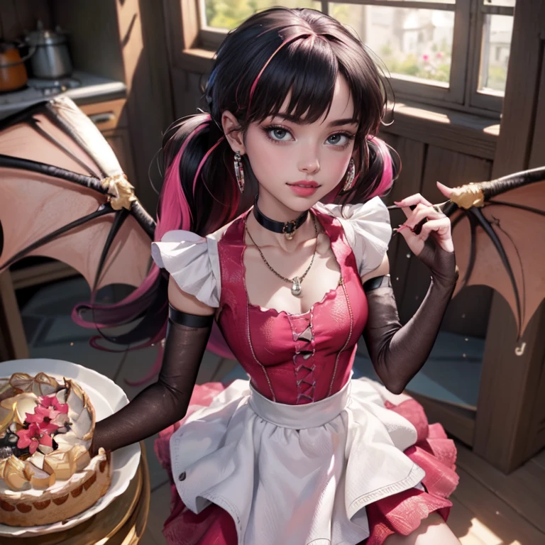 1 girl, a girl with bat wings on her back, perfectly hands, perfectly body, black choker, bat necklace, necklace, centered, bat jewelry, award winning upper body portrait, cowboy shot, (looking at viewer:1.2), Draculaura_MH, solo, black half hair, pink half hair, multicolored hair, long hair, ornament hair, choker, maid dress, maid clothes, maid headdress , maid apron, white apron, pink shirt, white dress, pink knee boots, smiling, kitchen scenery, cake on focus, kitchen, stand up close to window, depth of field, cinematic composition, ((high quality)), ((Work of art)), (more detail), half black hair, half soft pink hair, wave hair, smile, vampire fangs, bat wings, white dress, black dress with transparency, pink laces, black gloves, black high socks, high hills boots, bat jewelry, jewelry, seat on the grass, dark red roses on focus, Draculaura_(monster high), Monster High, looking at the viewer, more details on the clothes,