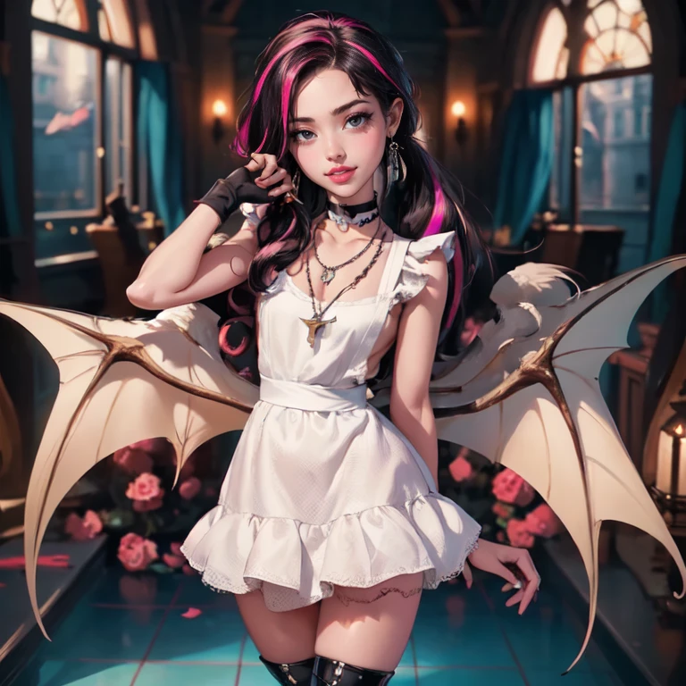 ((high quality)), ((Work of art)), (more detail), 1girl, succubus, centered, a girl with a bat wings, award winning upper body portrait, cowboy shot, Draculaura_MH, solo, black half hair, pink half hair, multicolored hair, long hair, wave hair, braided hair, chinese hairpin, white shirt, white skirt, pink knee boots, smiling, gothic style, cemetery scenery, gold lanterns, white roses, depth of field, cinematic composition, half black hair, half soft pink hair, wave hair, seat close to a coffin, white roses, smile, vampire fangs, gothic dress, bat wings, white dress, white dress with transparency, pink laces, white gloves, white high socks, pink high hills boots, bat jewelry, jewelry, grass, white roses on focus, Draculaura_(monster high), Monster High, looking at the viewer, more details on the clothes, petals in the air