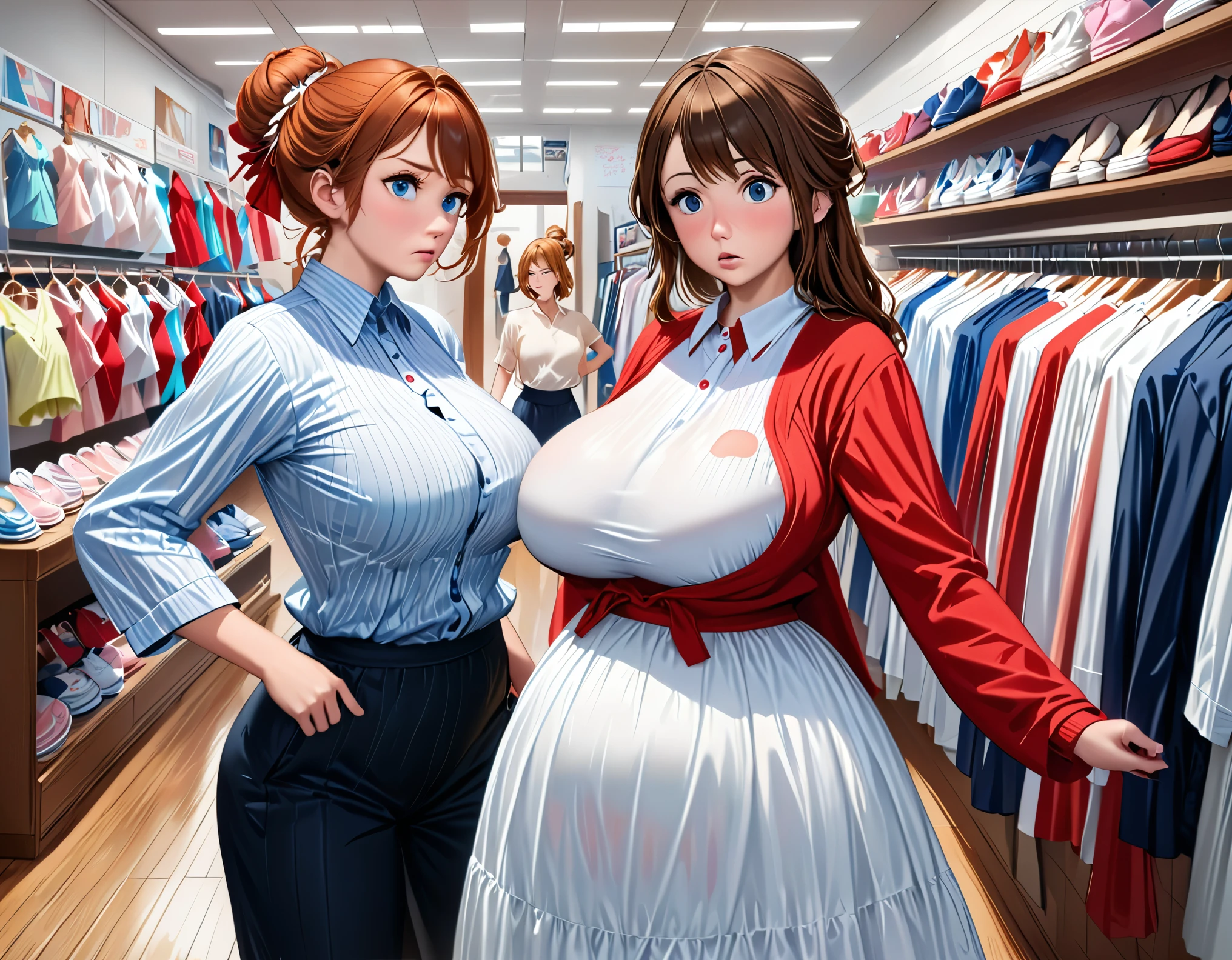 (masterpiece, best quality, highres, detailed, realistic:1.2), (two women, one with small chest:1.5) english woman, teenager, young, beautiful face, detailed face, (huge sagging breasts:0.9), (bursting breasts), (frustrated expression:1.3), (streched clothes:1.3), holding a bra, bra shop, ginger hair, messy hairbun, shocked sales assistant, full body picture, wide fat belly, (sagging breasts:1.2)