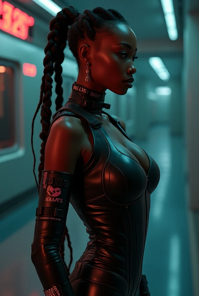 congolese girl, 16 year old girl, latex pvc bodysuit, thick collar, cornrows, multiple braids, naughty face, naughty, bound in electric chair, restrained in electric chair, UHD, retina, masterpiece, accurate, anatomically correct, textured skin, super detail, high details, high quality, award winning, best quality, highres, 16k