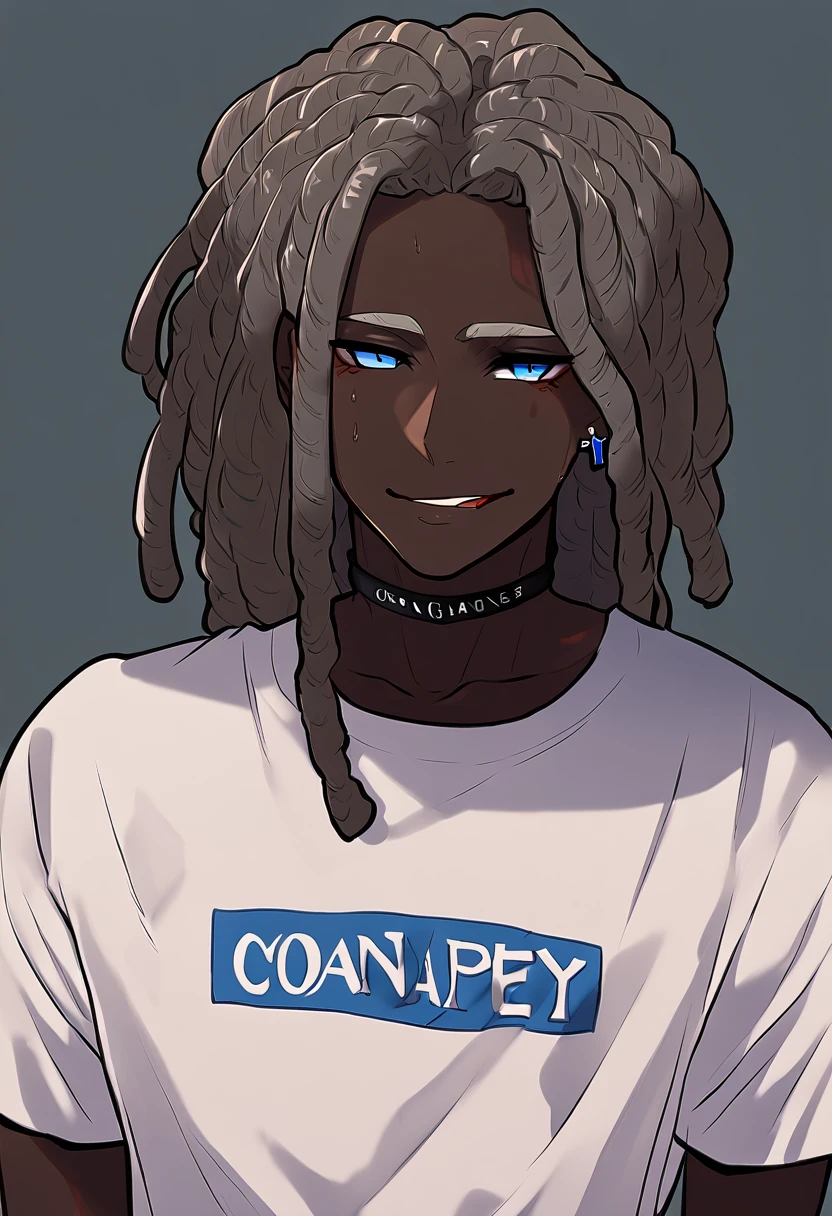 1boy, solo, messy hair, medium length hair, smirking, black dreadlocks, very dark skin, blue eyes, cross earrings, sweating, graphic t-shirt, black choker