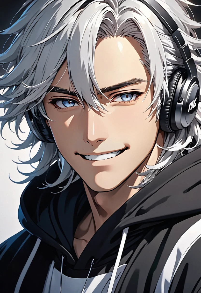 masterpiece, Best Quality, 8k,  very detailed,  high contrast,  male anime character ,  Silver Hair, Long Hair,  headphones,  hooded hoodie , , He has a bad smile on his face,  pocket,  Face Closeup ,  Viewers,  artwork , 