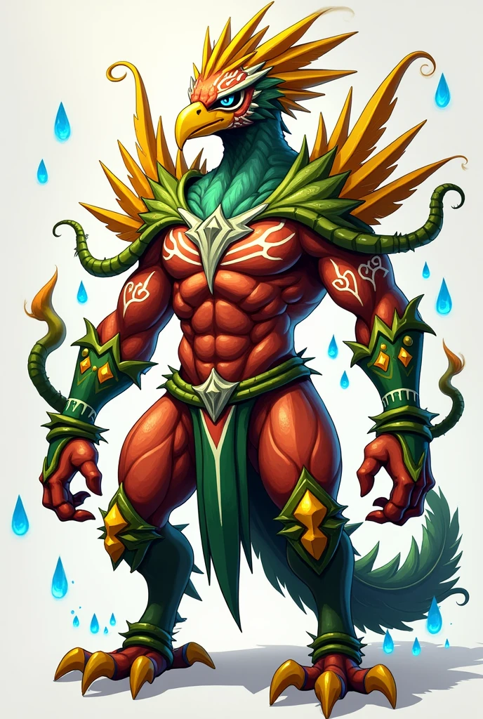Decidueye, comic book style, illustration, solo, ferocious, male, [[masculine pose]], monk, robes, masterpiece, best art, full body, by laobai, by taran fiddler, by honovy, detailed eyes, detailed body, claws, masculine body shape, fantasy, tall, topless, pecs, abs, nipples