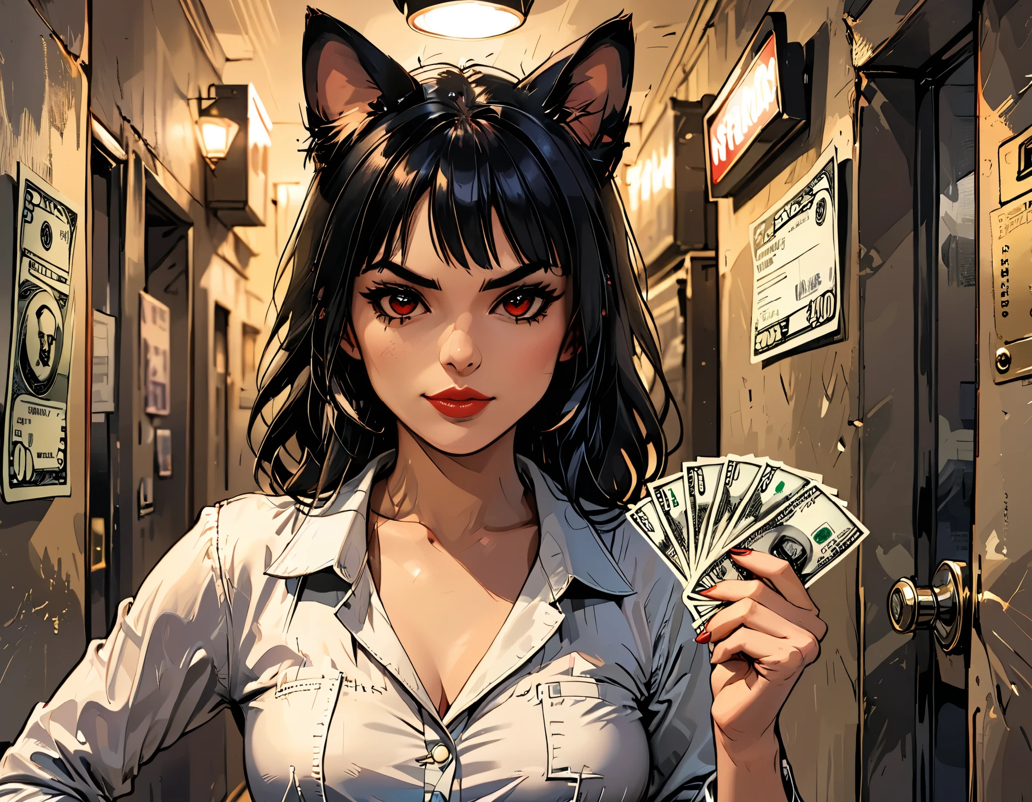 (((( gold credit card, credit card , Dollar bills))  in a woman's hand )), black hair, fringe, cat ears, red eyes, receipt , macro,  close,  graphic style comic book , 2d, 8K, hyperrealism, masterpiece,  High resolution,  Best quality ,  pompous skirt,  super realistic ,  hyperrealistic art, High-quality, ultra  High resolution,  more detailed, Many details, Detalles de extremadamente  High resolution, Incredibly realistic, showy,  soft cinematic light ,