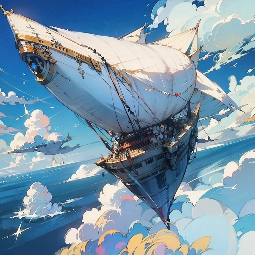  Final Fantasy IV airship, In the blue sky surrounded by clouds in the sky ,fantasy sailboat deck