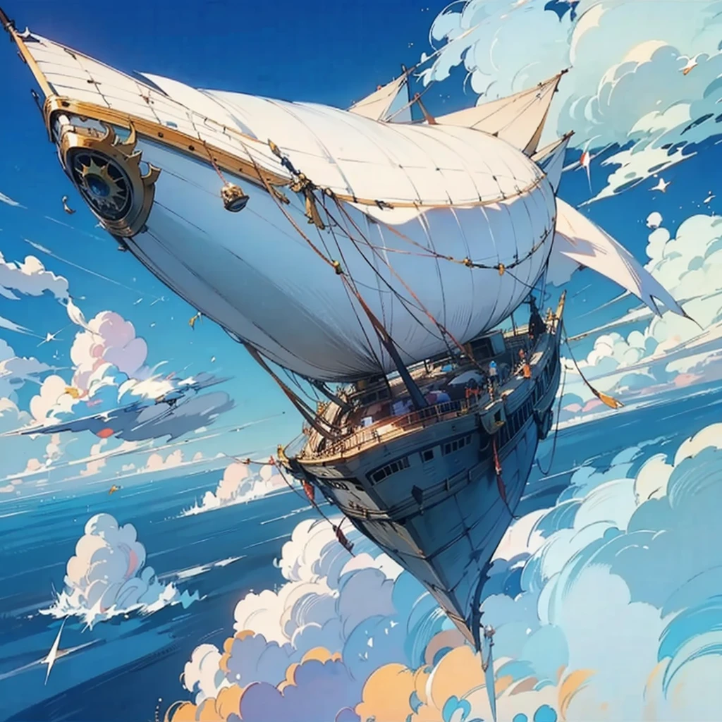  Final Fantasy IV airship, In the blue sky surrounded by clouds in the sky ,fantasy sailboat deck