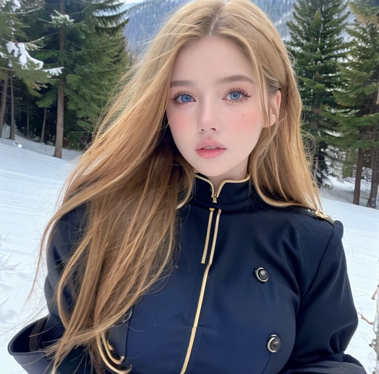 Pretty woman,cute,huge natural breasts, blonde hair curly/flowing, detailed dark BLUE eyes and face, not to skinny, make it ultra-realistic, western european girl, in the snow in the mountains, military uniform (modern military clothing elelments), extremely detailed blue eyes, extremely long wavy blonde hair.