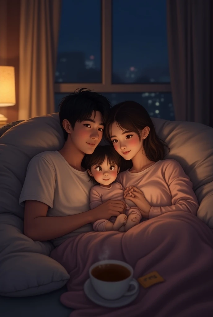 Young boy and woman passionately making out, kissing, lips touching, hugging tight, both blushing intensely, eyes closed, in bed, night time, candles lit