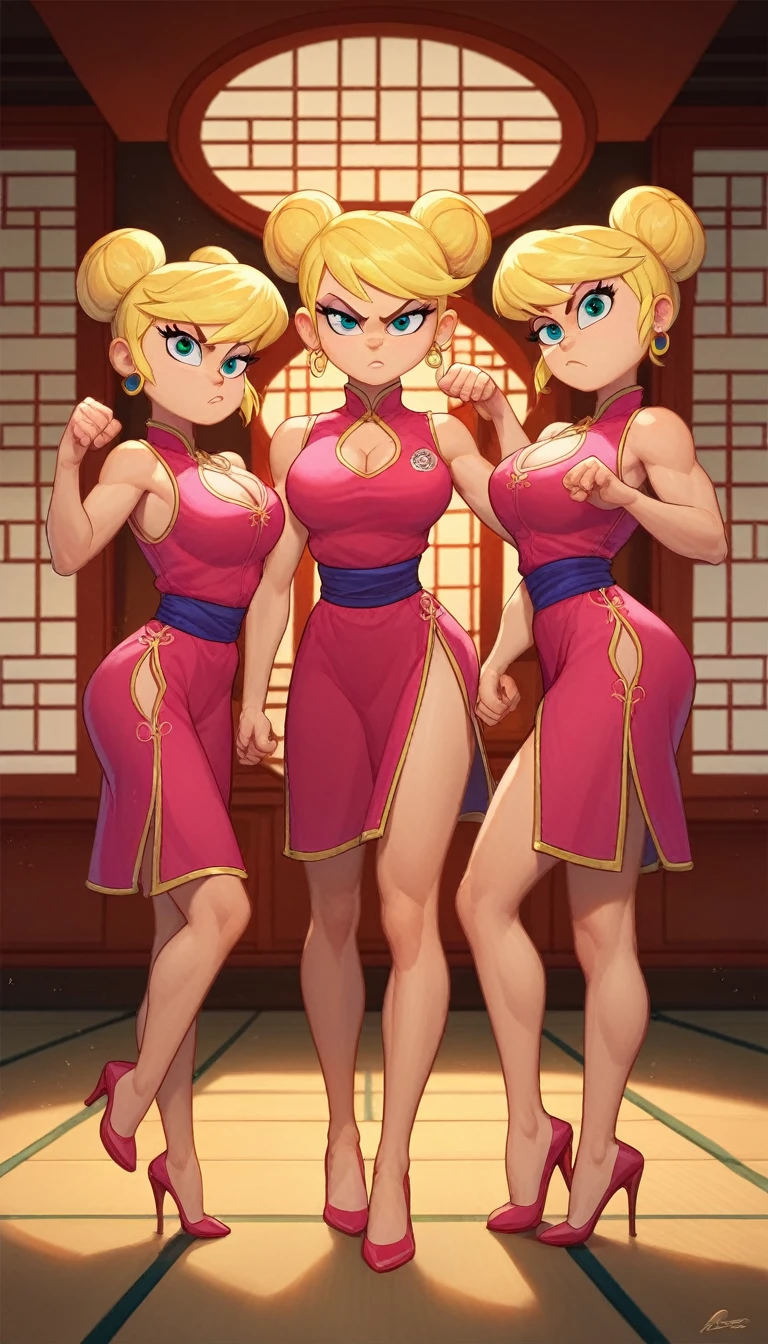 lola loud, 3girl, trio, 24yo girl, large breasts, pink cheongsam,  inside of a chinese temple, looking at viewer, blonde hair, two hair buns , hands  score_9, score_8_up, score_7_up, high heels, teep fighting stance,martial arts, triplets,  chest windows