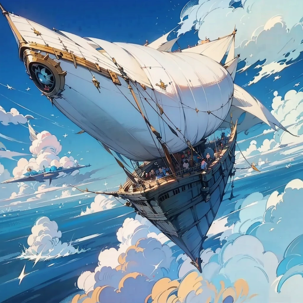  Final Fantasy IV airship, In the blue sky surrounded by clouds in the sky ,Fantasy flying ship