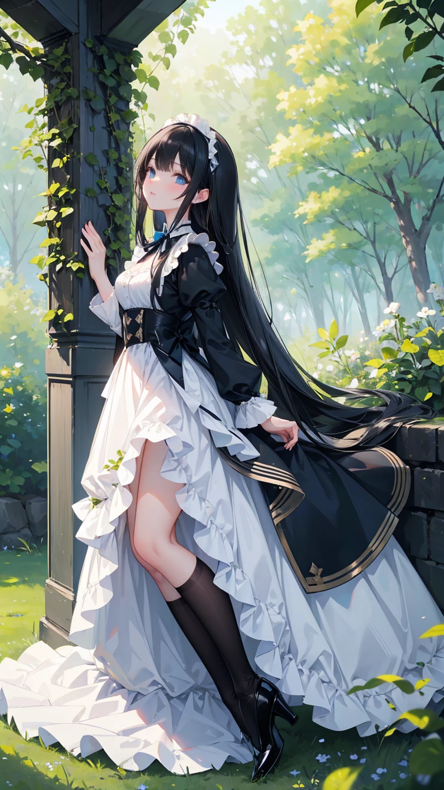 yoshida akihiko, 1girl, agnes oblige, arm support, bangs, black eyes, black gloves, black hair, black thighhighs, boots, dress, forest, gloves, hairband, hand on own chest, leg up, long hair, nature, smile, solo, swept bangs, thigh boots, thighhighs, white dress , bravely default: flying fairy, bravely default \(series\), <lora:yoshida_akihiko:0.6>