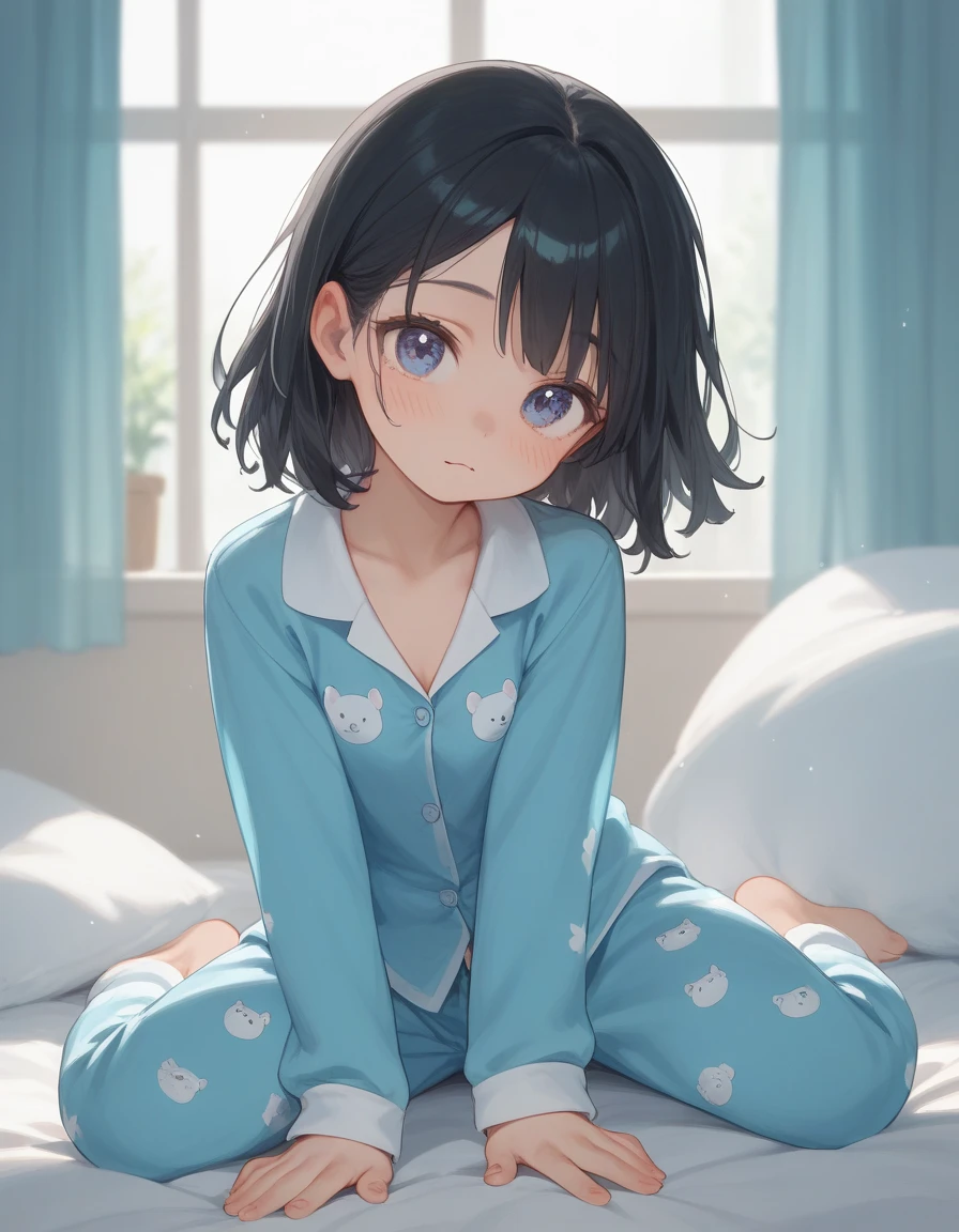 cute、 1 girl,  black hair,  medium hair,   Hi-Res, masterpiece, Junior high school students、pajamas、 face down 