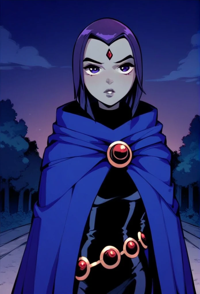 1girl, solo, raven (dc), purple eyes, purple hair, grey skin, forehead jewel, blue cape covering whole body, cape touches the ground. long blue cape, standing, night, park, hood covered head