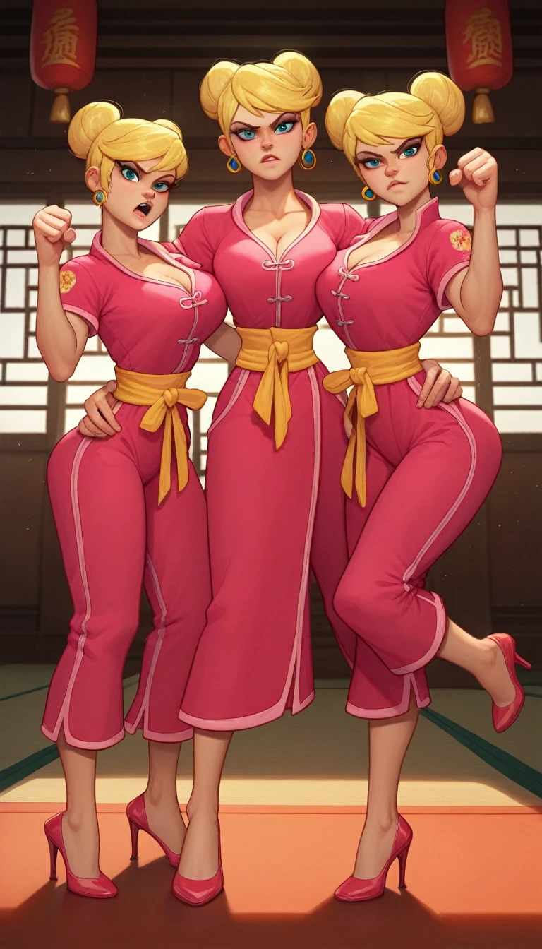 lola loud, 3girl, trio, 24yo girl, large breasts, pink cheongsam,  inside of a chinese temple, looking at viewer, blonde hair, two hair buns , hands  score_9, score_8_up, score_7_up, high heels, teep fighting stance,martial arts, triplets,  chest windows