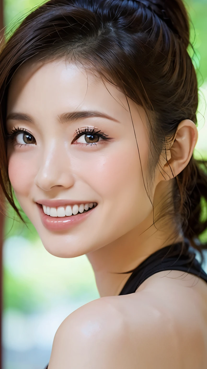 (masterpiece:1.3), (In 8K、 ultra high resolution、 Ultra High Definition、 super high image quality 、超Realisticな、 best quality), (realistic - photo ), high-definition RAW color photos, professional photos, Natural sunlight, Soft Shadows, (Realistic: 1.4), Women、1 person, ( high definition face and skin texture, beautiful eyes, shiny skin, oily skin , Strong gloss), perfect anatomy, Poster, Volumetric Lighting , ( Face Closeup :1.1), ( stare at viewers), Attractive face, (Makeup is、none), Women、 and smiles , ( beautiful smile:1.1), beautiful alignment of teeth, open her mouth and stick out her tongue , Anatomically correct tongue, (Open your mouth and stick out your tongue:1.2), (Perfect beautiful tongue:1.2), Black Hair, ( ponytail hair 、bangs), detailed hair, Beautiful Hair, anatomically accurate breasts, huge breasts, Bust、Very huge, saggy breasts, Deep cleavage, sexy outfit