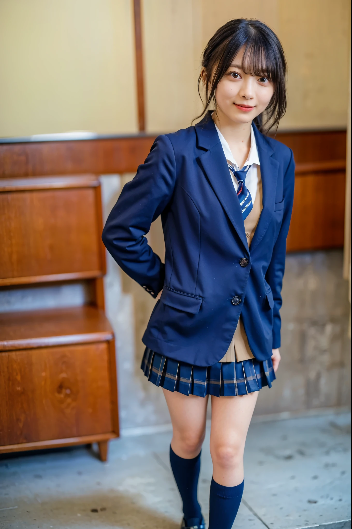 (8k、 RAW photo、Best Quality、masterpiece:1.2)、(Realistic、Realistic)、 1 girl、((uniform、blazers、 mini skirt、 navy blue socks 、 Loafers、classroom、 big breasts at the temple、  front view、smile、 stand with your hands on your lower back ))、  lots of eyelashes、Glowing eyelids、 Skeletally correct 