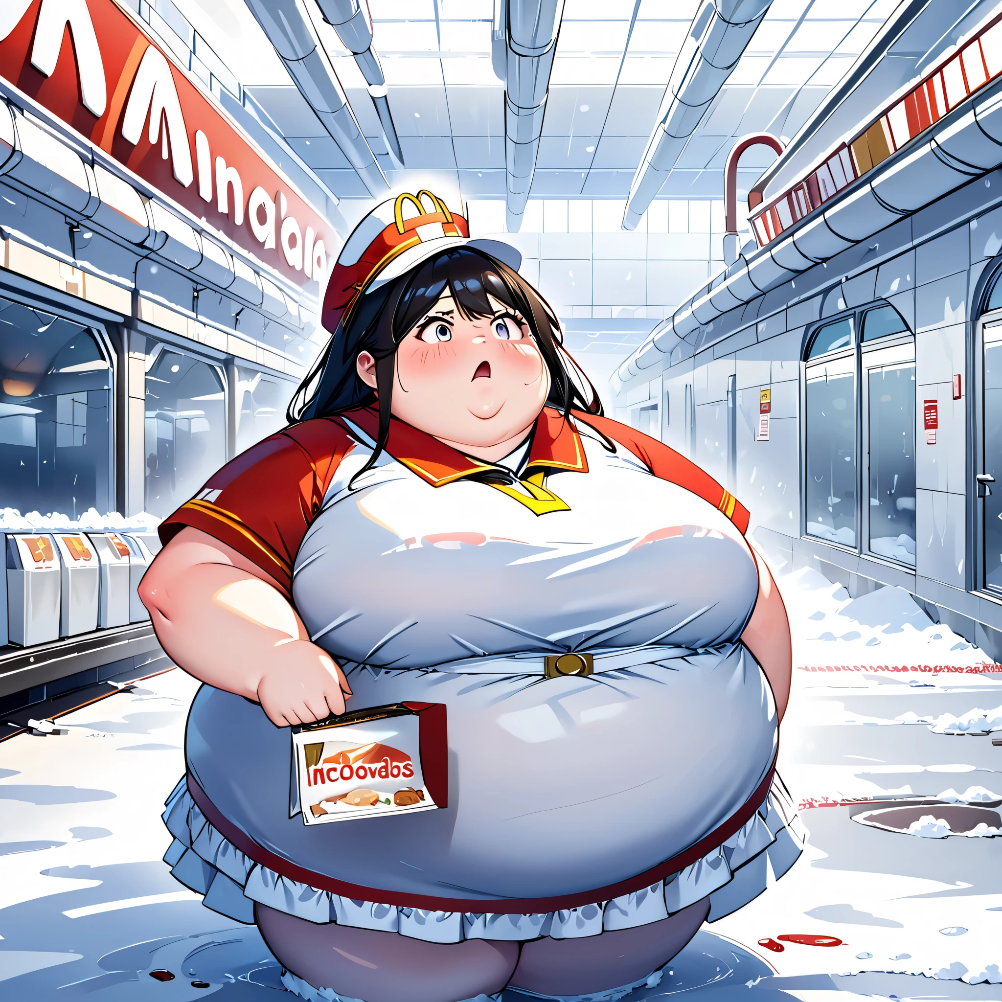 one belly bbw girl,  wearing an undersized mcdonalds uniform , (asking a question, confused emotions), big girl, in a frosty and icy factory room