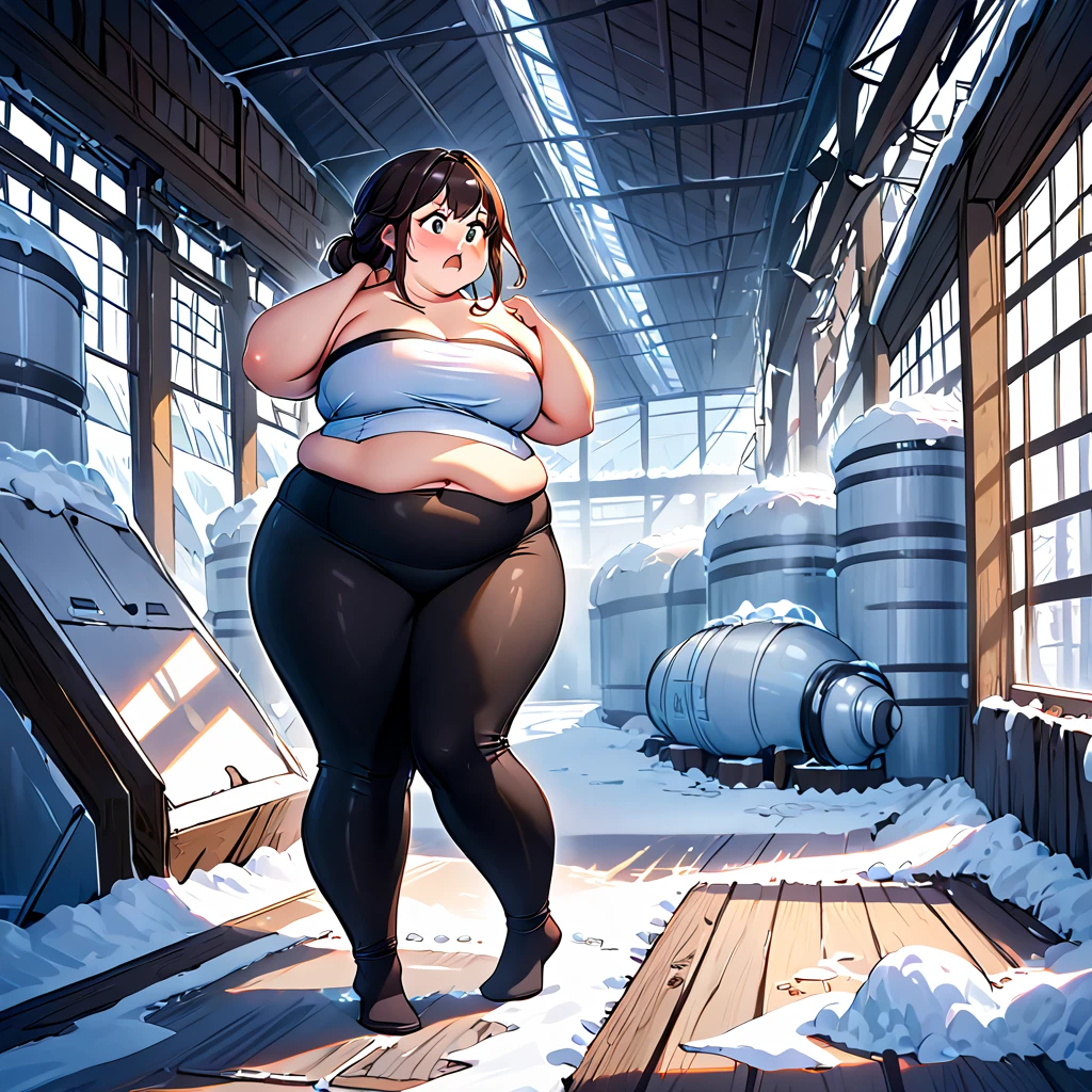 one belly bbw girl,  wearing an undersized tube top and leggings , (asking a question, confused emotions), big girl, in a frosty and icy factory room