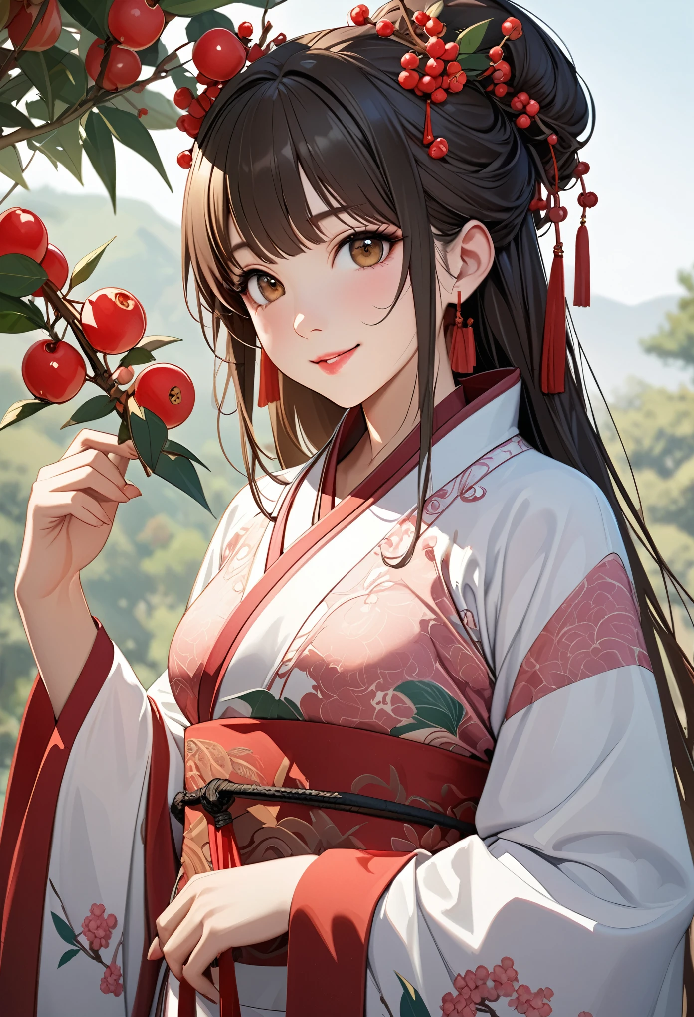 masterpiece,  super detail,  High Quality ,  very detailed, 8k wallpaper, A beautiful single daughter ,  ancient Chinese clothing , full body, Beautiful brown eyes,  pink lips, Beautiful nose, A neat and beautiful face,  looks at me and smiles gently , Sunshine,  anatomically accurate and beautiful figure, Beautiful Skin, natural clean background , Wolfberry flower ,   next to a jujube tree  ,   detailed illustration art, 