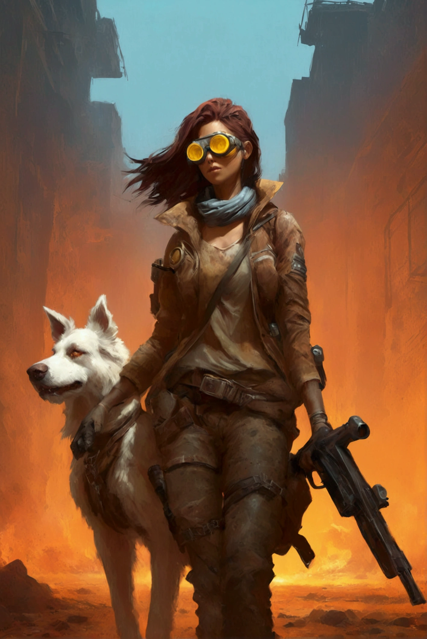 Picture of a woman with a gun and a dog, The dog is wearing goggles、Late Afterlife Marauders , Post-apocalyptic explorer,   senior concept artist  , Post-apocalyptic,  Interesting Character Designs , RPG Character Art ,  highly detailed character design ,  Amazing Character Design , Post-apocalyptic style,  RPG character concept art ,  video game character art , Cowboys of the End of Life ,  video game character concept、fall out、 Terada Katsuya's Style