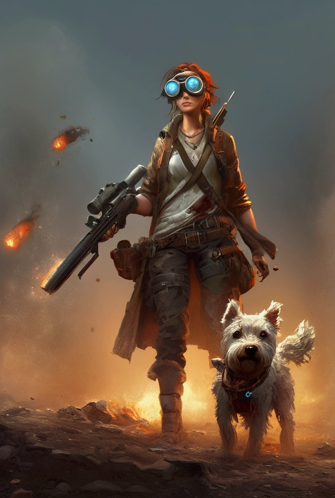 Picture of a woman with a gun and a dog, The dog is wearing goggles、Late Afterlife Marauders , Post-apocalyptic explorer,   senior concept artist  , Post-apocalyptic,  Interesting Character Designs , RPG Character Art ,  highly detailed character design ,  Amazing Character Design , Post-apocalyptic style,  RPG character concept art ,  video game character art , Cowboys of the End of Life ,  video game character concept、fall out、 Terada Katsuya's Style