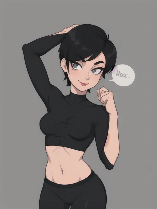 Lois Lane, 1girl, very short black hair, toon (style), small breasts, solo, perfect female anatomy, makeup, flat color, lipstick , black yoga pants, grey eyes, black tight long sleeve croptop, looking at viewer, light smirk, sexy woman,