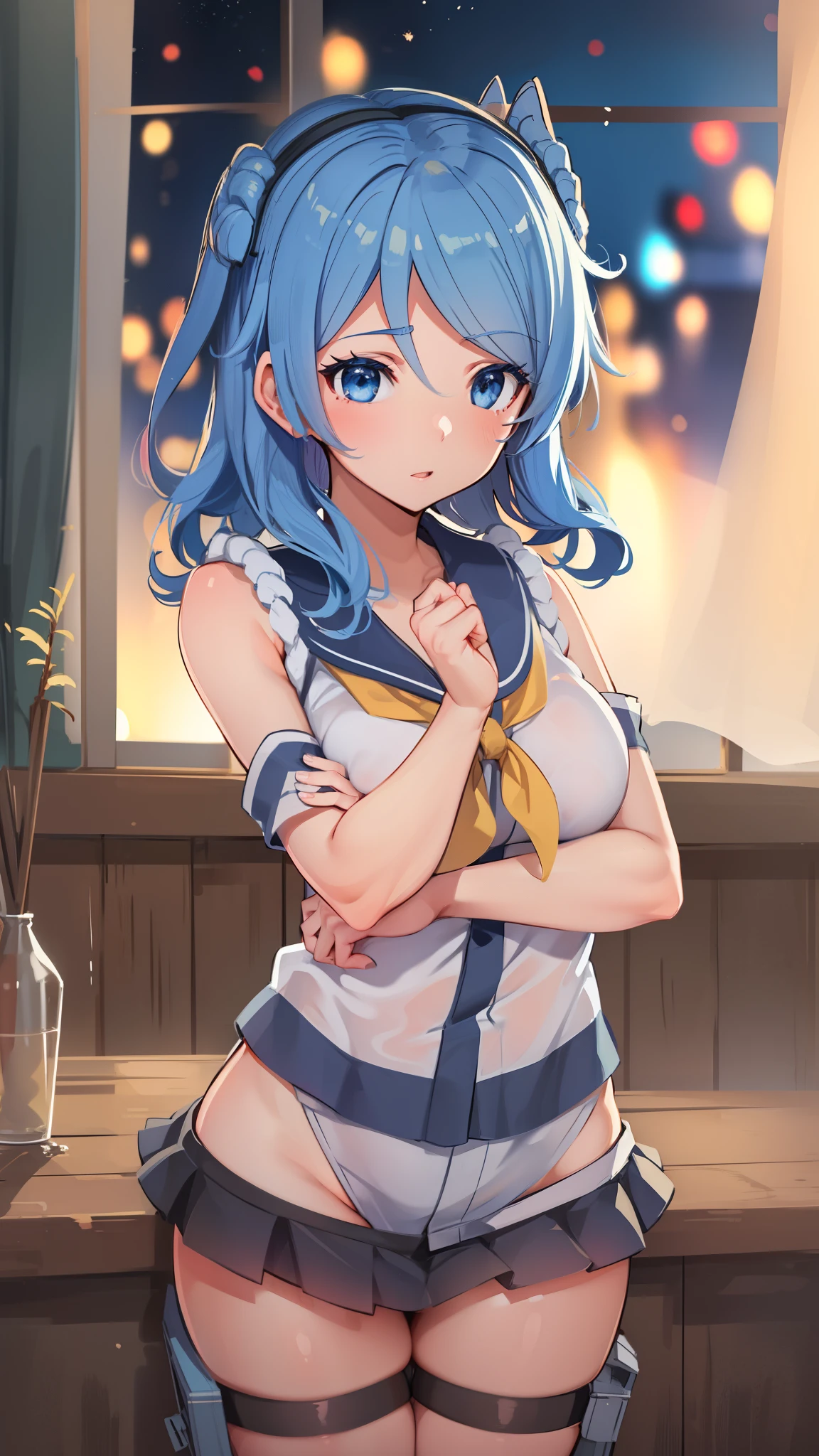 masterpiece, best quality, highres, aaaqua, long hair, blue hair, hair rings, hair ornament, choker, bare shoulders, green bow, blue shirt, detached sleeves, blue skirt, thighhighs, standing, (magic:1.2), (water:1.2),cute smile,show ass,naked tits