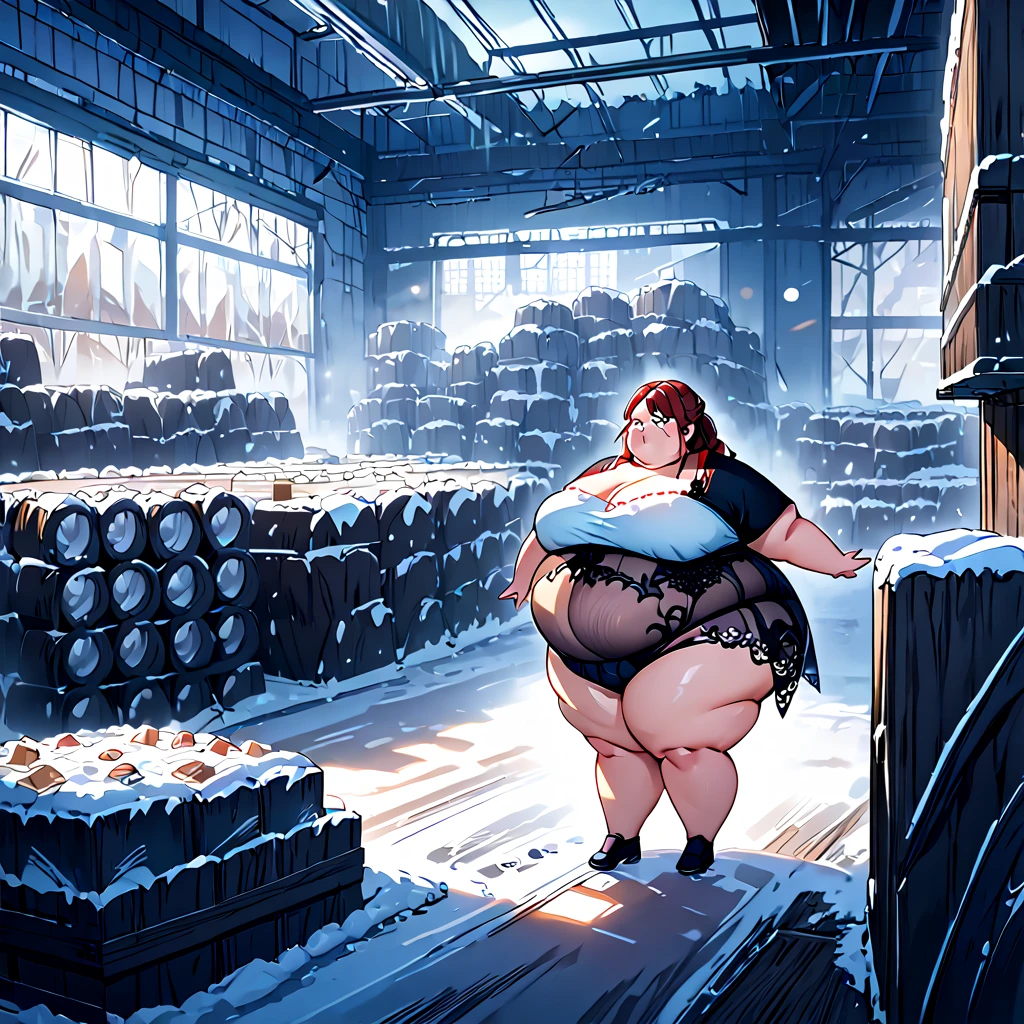 one belly bbw girl,  wearing an undersized lingerie , (asking a question, confused emotions), big girl, in a frosty and icy factory room