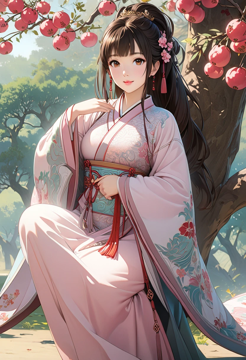 masterpiece,  super detail,  High Quality ,  very detailed, 8k wallpaper, A beautiful single daughter ,  ancient Chinese clothing , full body, Beautiful brown eyes,  pink lips, Beautiful nose, A neat and beautiful face,  looks at me and smiles gently , Mid-chest, Sunshine,  has an anatomically accurate and beautiful figure, Beautiful Skin, natural clean background , Wolfberry flower ,   next to a jujube tree  ,   detailed illustration art, 