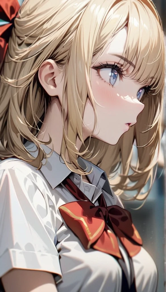 ( extremely exquisite and beautiful: 1.2), 1 Girl, Fashion Girl,  bangs,  beautiful eyes, bow,   brown hair  , Shut up, sideways, Eyebrow hair, hair bow, Short sleeve,  looks at the audience,  medium length hair,  alone,  upper body, School Uniform: 1.3, (( alone)), (masterpiece),  blonde girl 