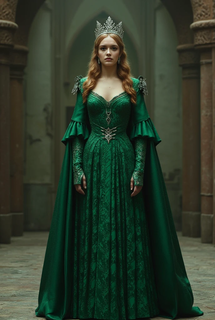 medieval queen wearing green dress, medieval fantasy, closeup, house of the dragon