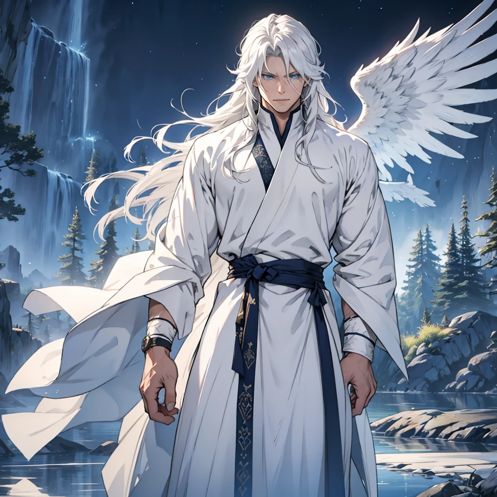 [male muscular, mature] [white hair, long hair, blue eyes] [white and silver robes, angel wings] [night time] [detail eyes, detail face, detail hand] [alone, standing outside at a lake]