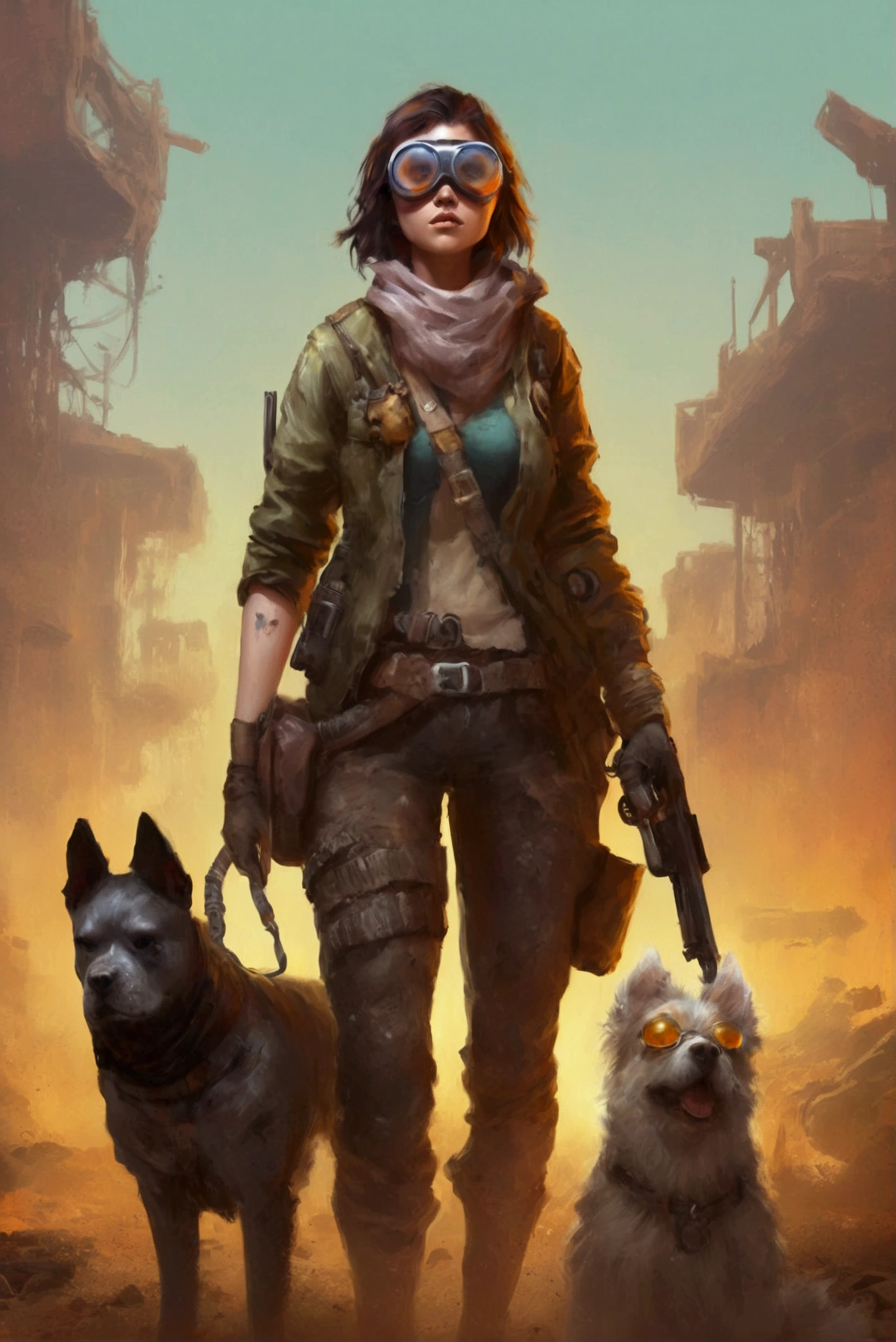 Picture of a woman with a gun and a dog, The dog is wearing goggles、Late Afterlife Marauders , Post-apocalyptic explorer,   senior concept artist  , Post-apocalyptic,  Interesting Character Designs , RPG Character Art ,  highly detailed character design ,  Amazing Character Design , Post-apocalyptic style,  RPG character concept art ,  video game character art , Cowboys of the End of Life ,  video game character concept、fall out、 Terada Katsuya's Style